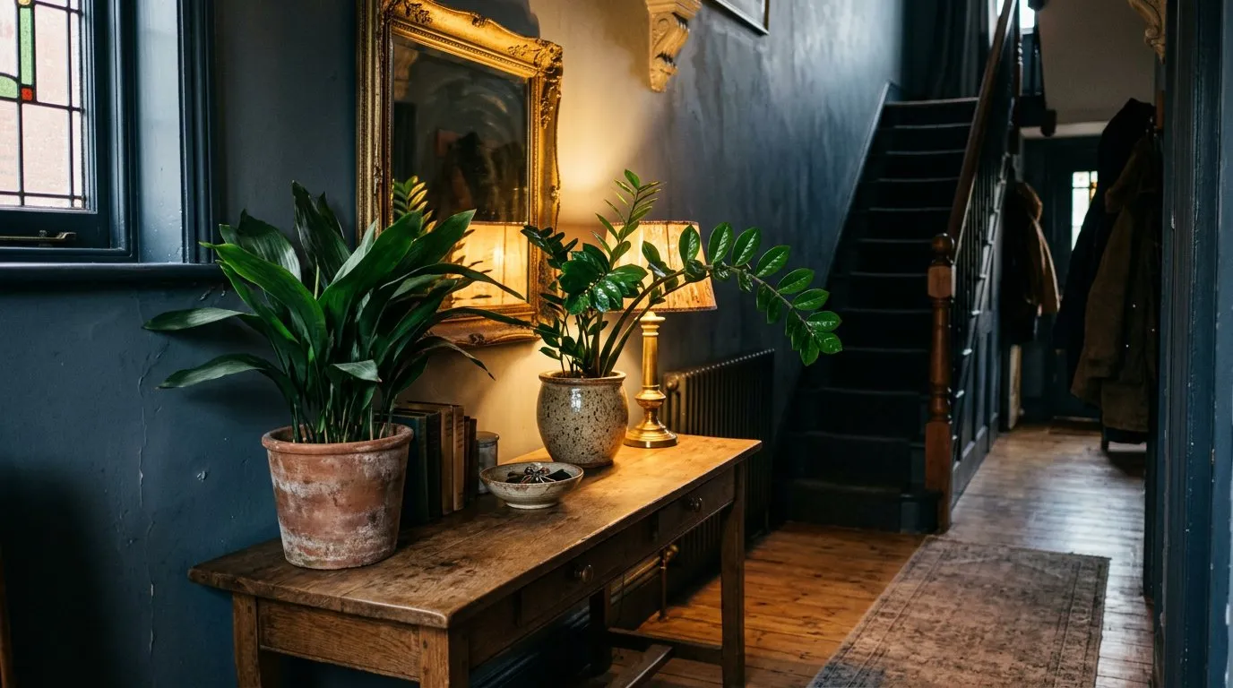 Low-light houseplants ZZ plant and cast iron plant in ceramic pots in a dimly lit UK hallway
