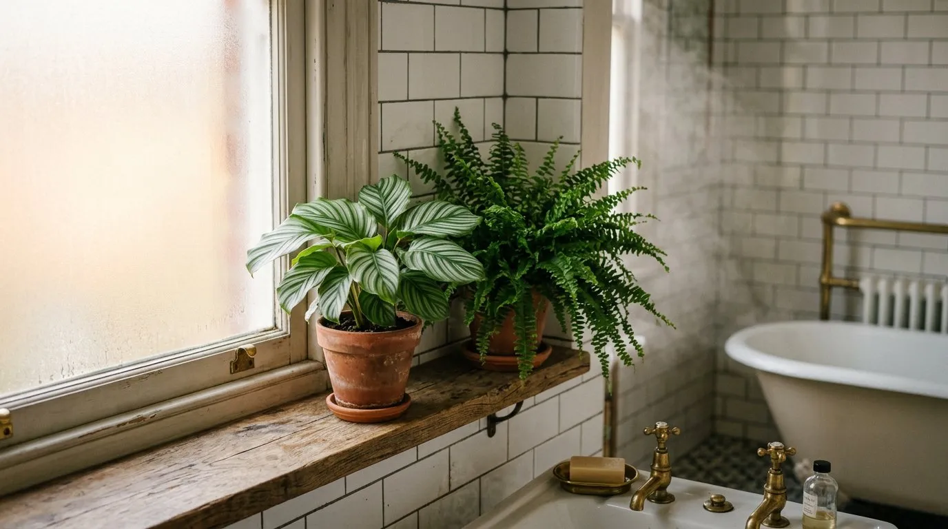 Indoor plants calathea and Boston fern on a wooden bathroom shelf beside a frosted window with steam visible