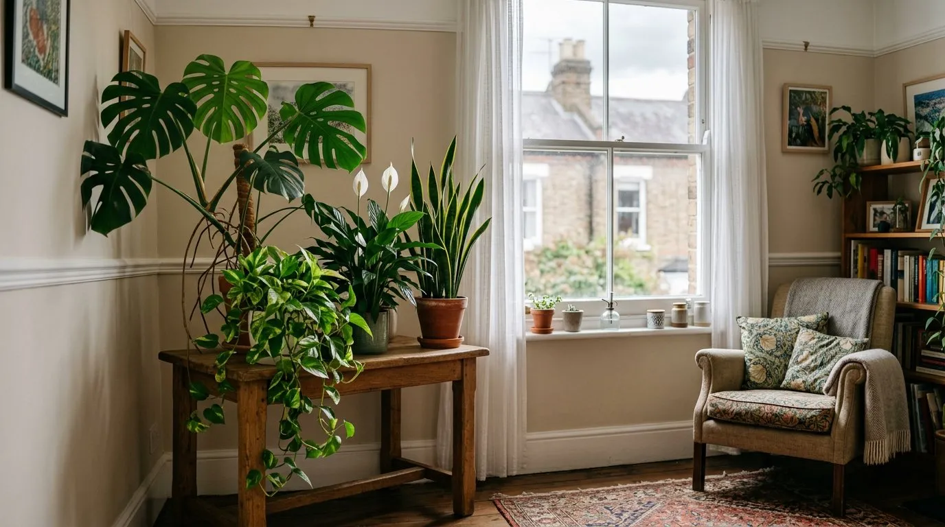 Bright UK living room with indoor plants including monstera, snake plant, and trailing pothos on a wooden shelf beside a sash window