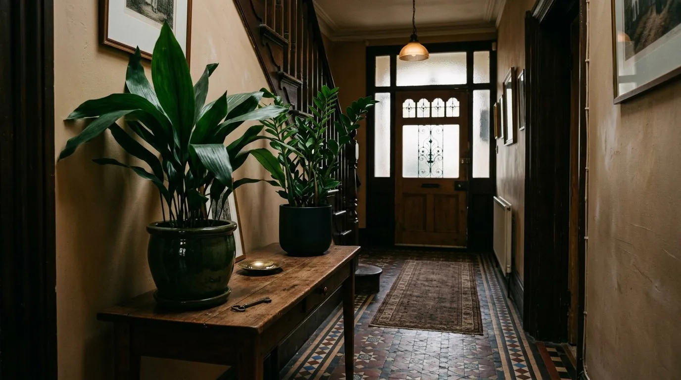 Low-light indoor plants in ceramic pots in a dimly lit UK hallway with tiled floor