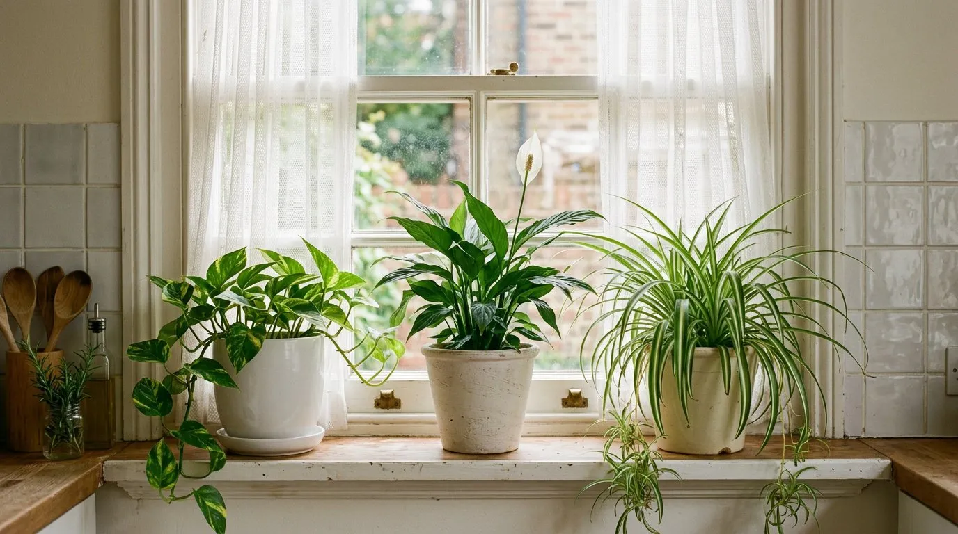 Indoor plants including pothos, peace lily, and spider plant on a bright UK windowsill with net curtains filtering sunlight
