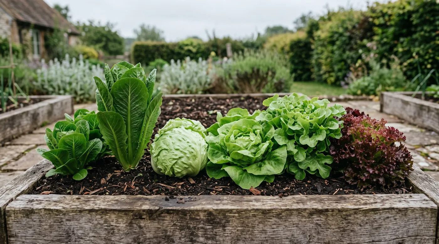 Six lettuce types arranged together showing mini cos, large cos, red loose leaf and crisphead forms