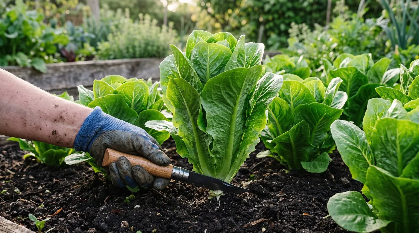 A large crisp green cos lettuce being cut at soil level in a British vegetable bed