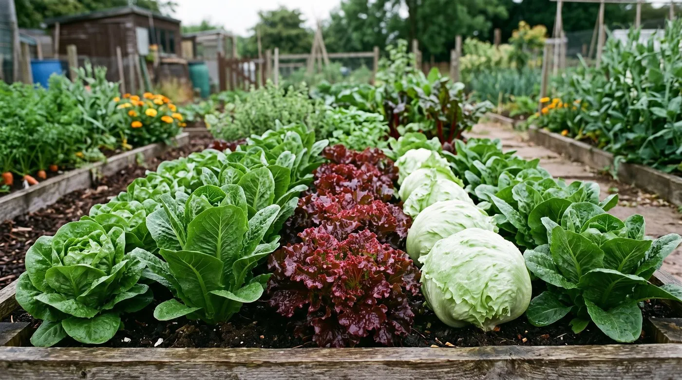 Cos, crisphead, red loose-leaf and winter lettuce varieties growing in a British kitchen garden