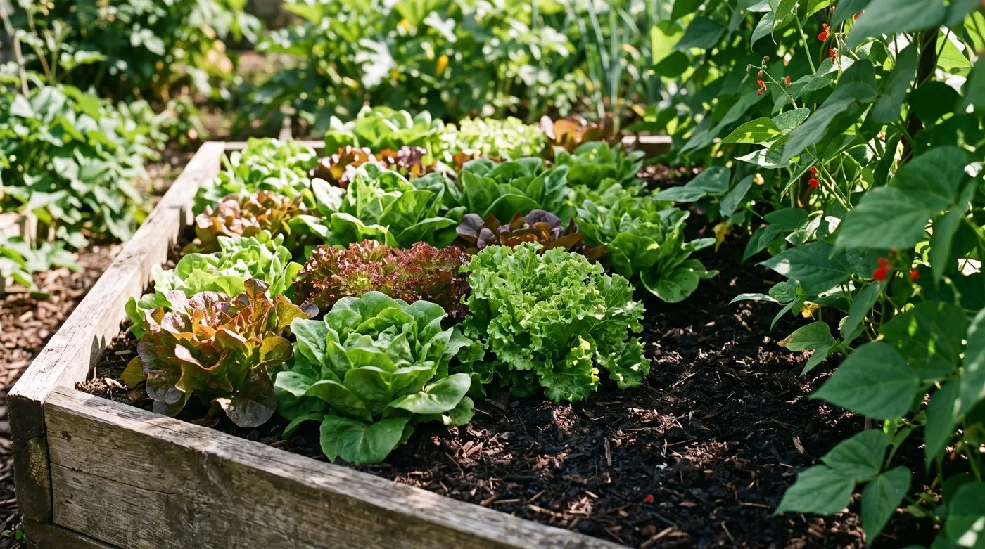 Compact summer lettuces growing under light afternoon shade beside taller vegetable plants