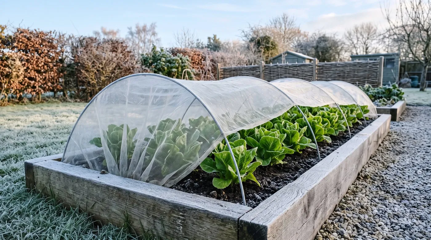 Winter Density lettuces under fine mesh in a tidy raised bed on a cold British morning