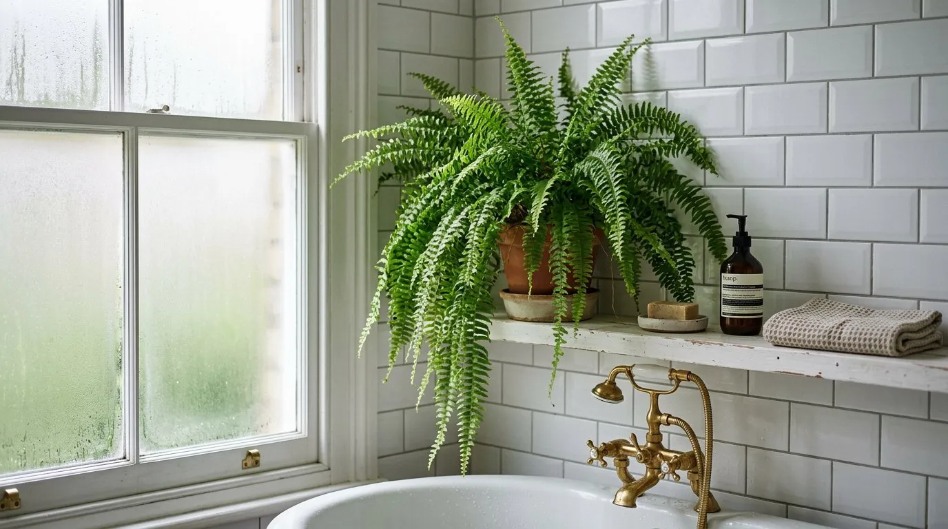 Low light houseplant Boston fern on a shelf in a bright UK bathroom with frosted window and humid atmosphere