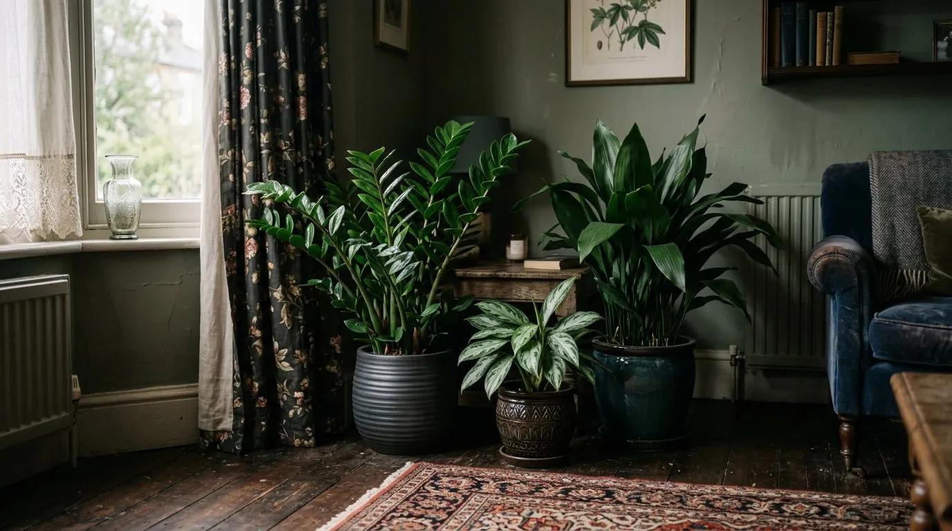 Low-light houseplants arranged in a dark corner of a UK living room with soft natural light filtering from one side