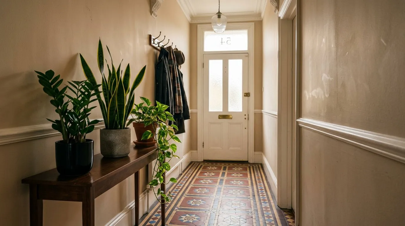 Low light houseplants ZZ plant, snake plant, and pothos on a console table in a UK hallway with limited natural light