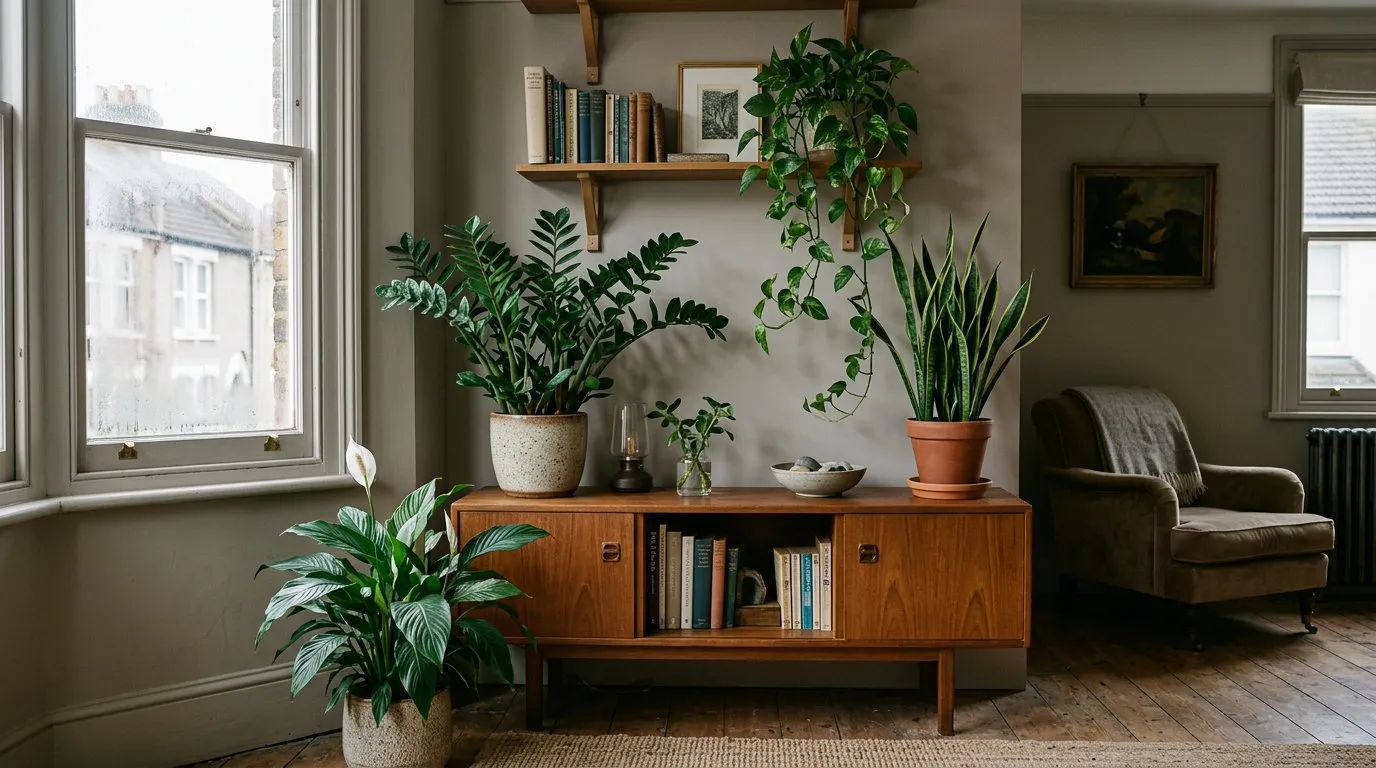 Collection of low-light houseplants including ZZ plant, pothos, and peace lily in a north-facing UK living room with soft diffused window light