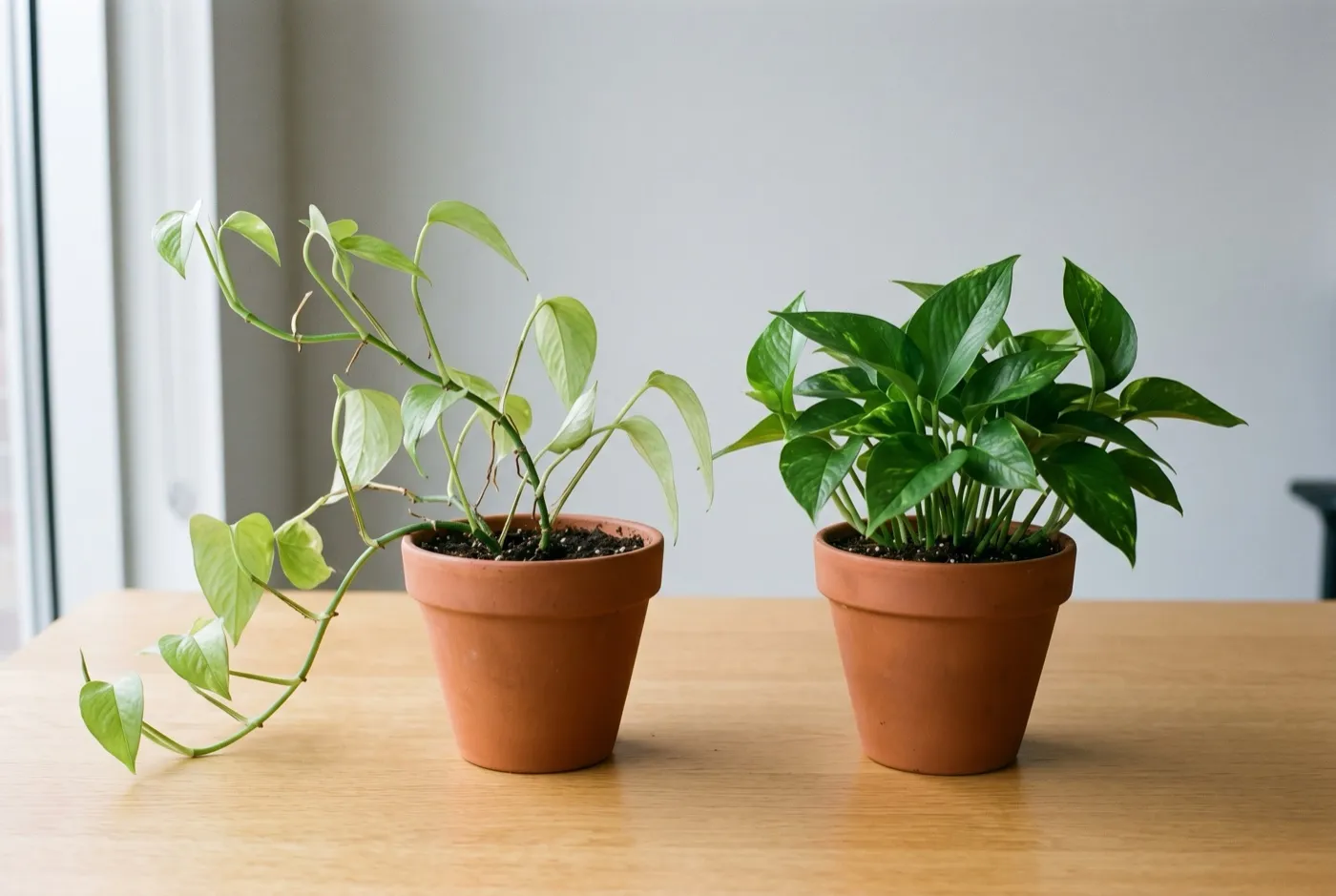 Side by side comparison of a leggy etiolated pothos with long bare stems and a compact healthy pothos