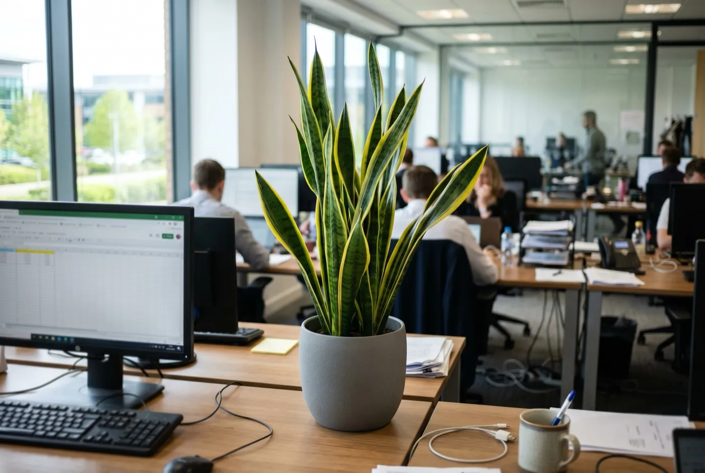 Snake plant in a grey pot on the corner of an office desk beside a monitor