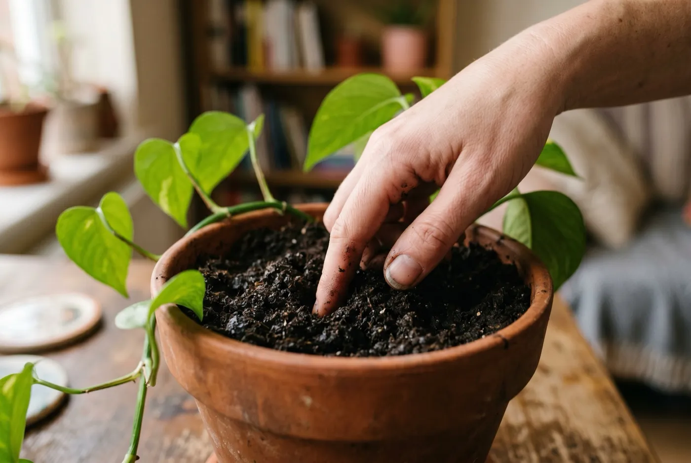Close-up of a finger pushed 5cm into the compost of a potted office plant to test moisture