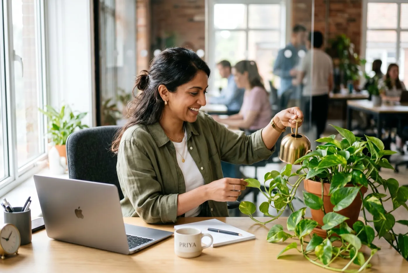 Woman watering a pothos plant on her desk in a modern UK office