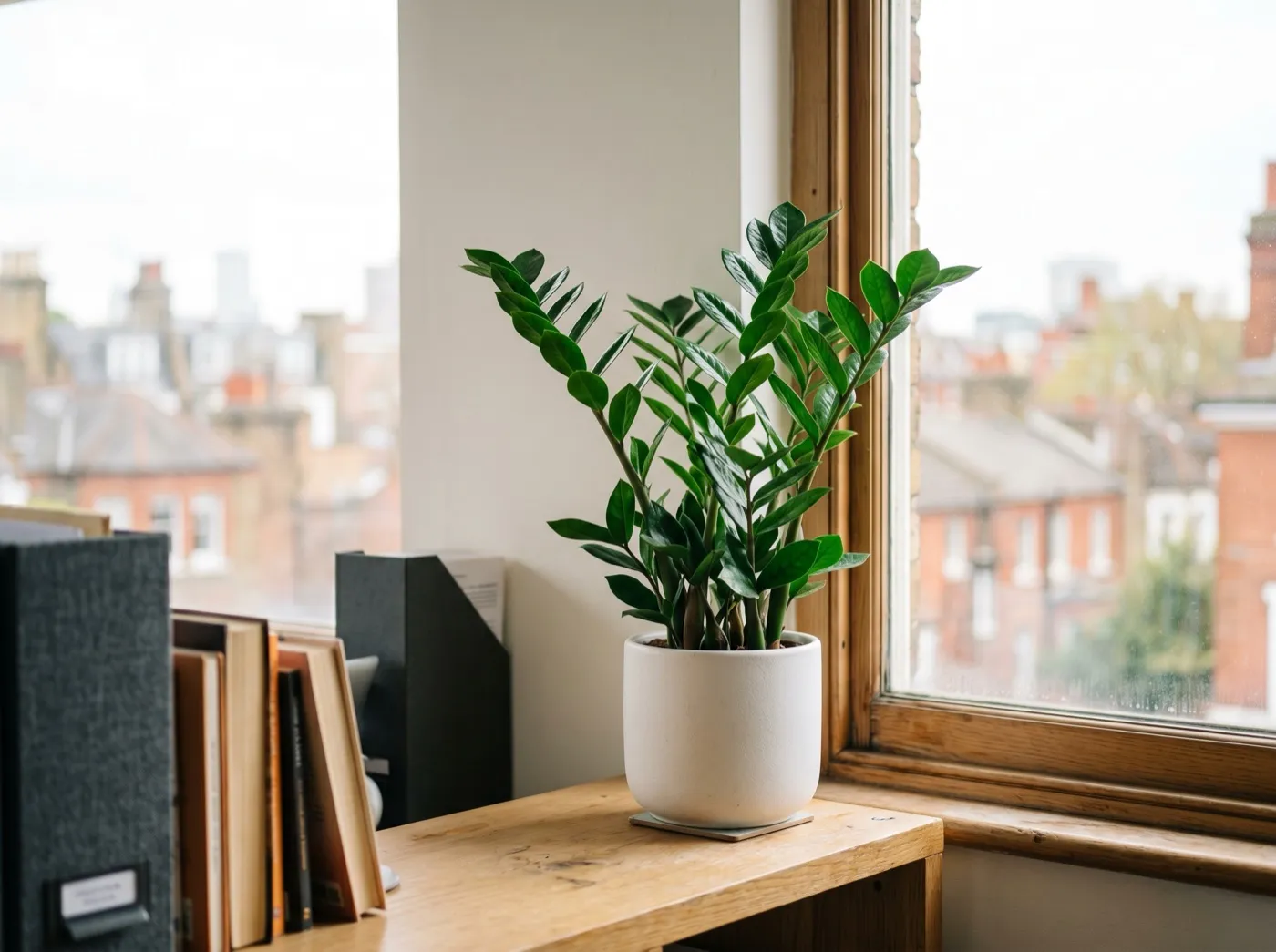 ZZ plant on an office shelf positioned within two metres of a window