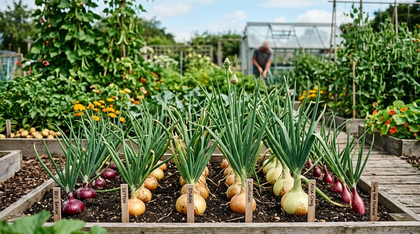 UK garden scene showing best onion varieties compared in seasonal context