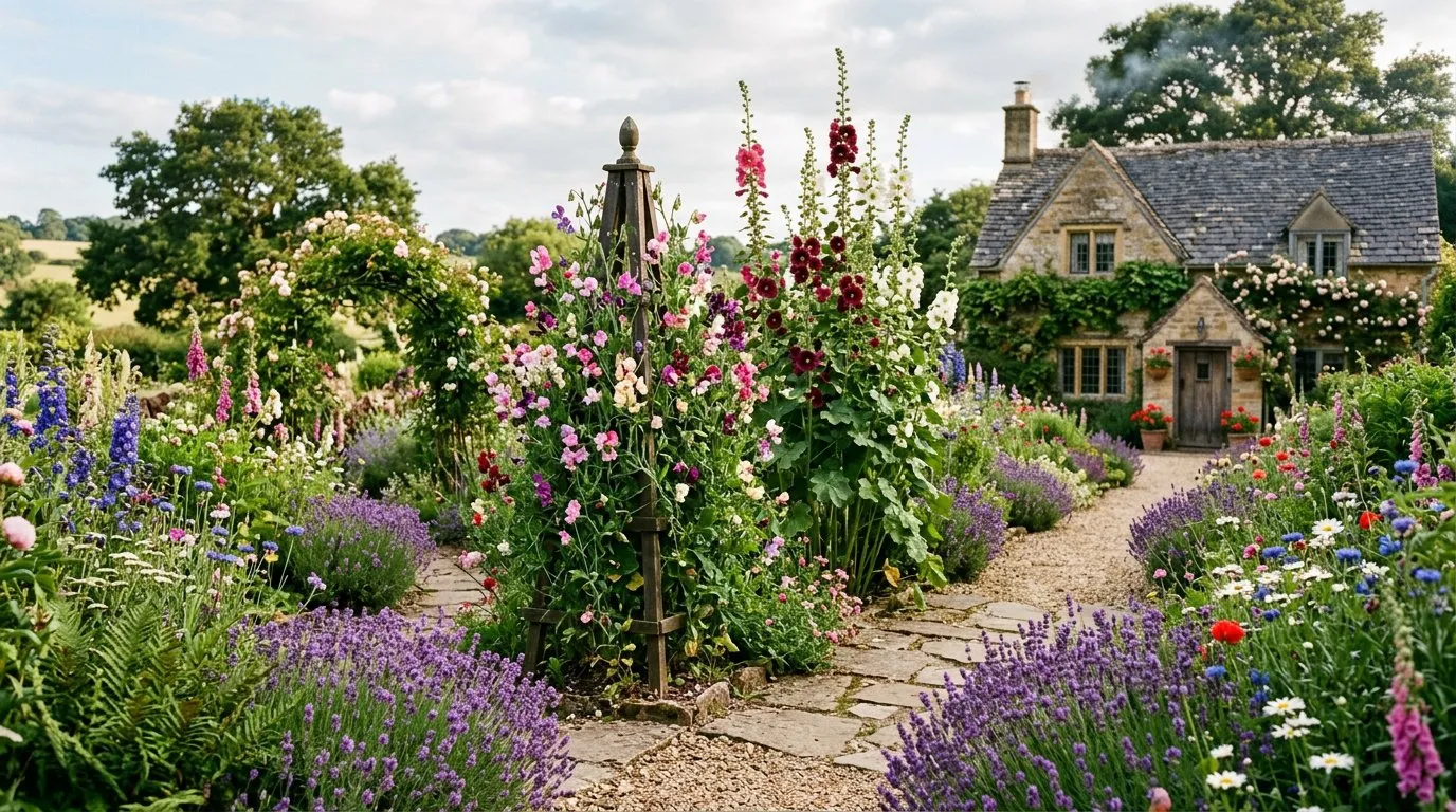 Cottage open garden path with mixed planting and wildflowers