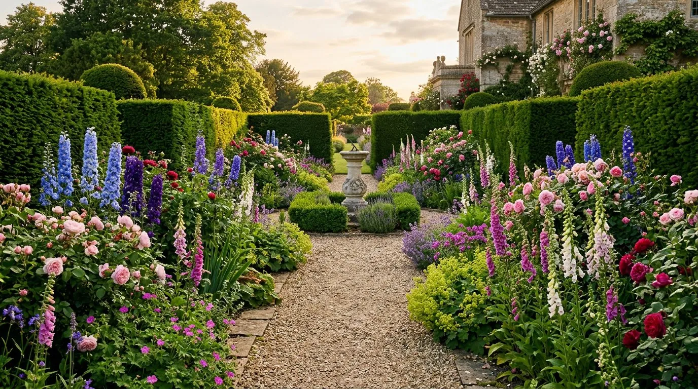 Formal English open garden with clipped hedges and herbaceous borders