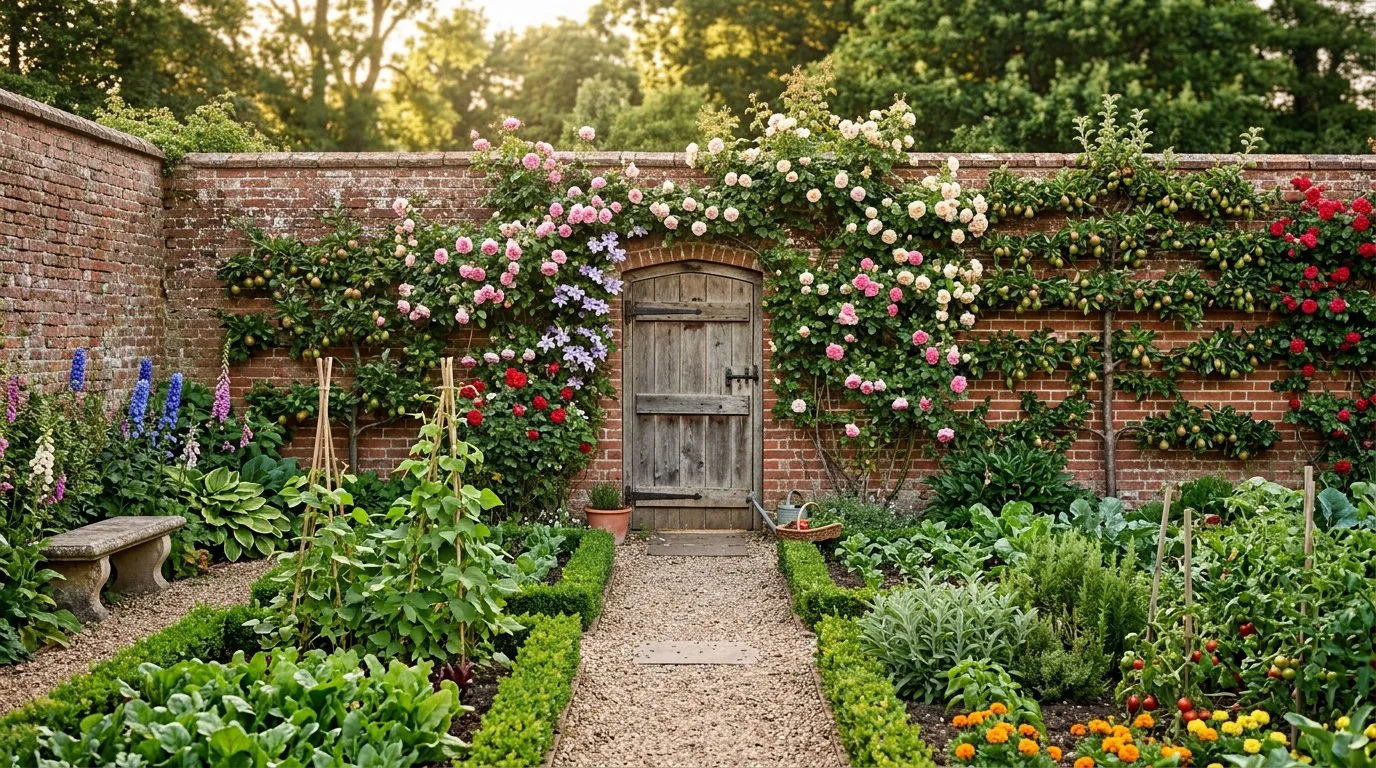 Walled open garden with climbing roses and perennial beds