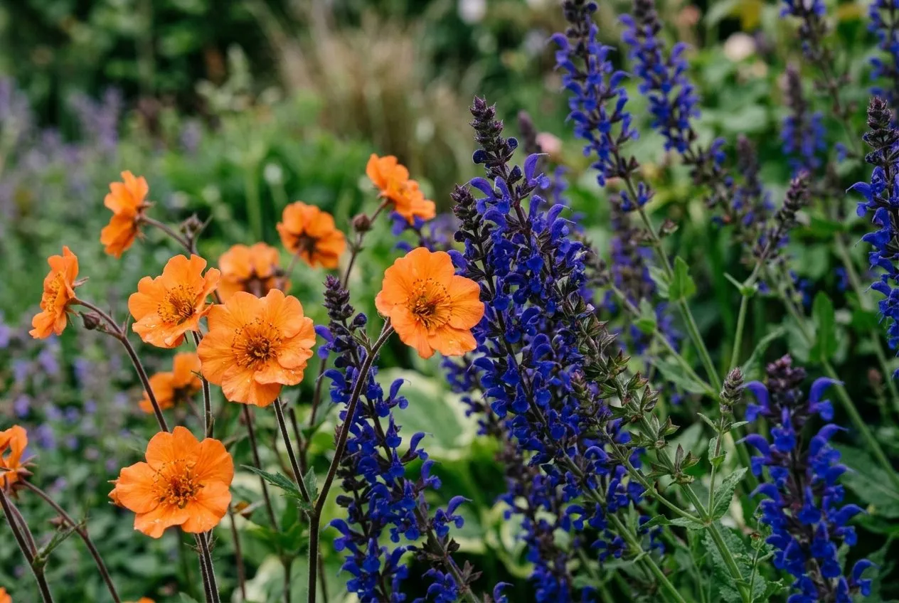 Orange geum flowers planted next to deep blue salvia spikes, showing complementary colour contrast in a border