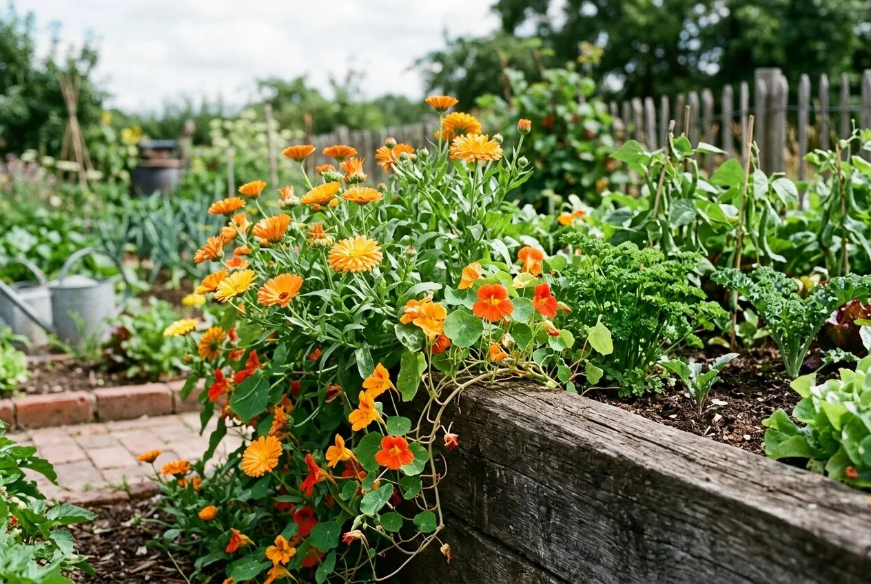 Bright orange calendula and trailing nasturtium flowers tumbling over the edge of a raised vegetable bed