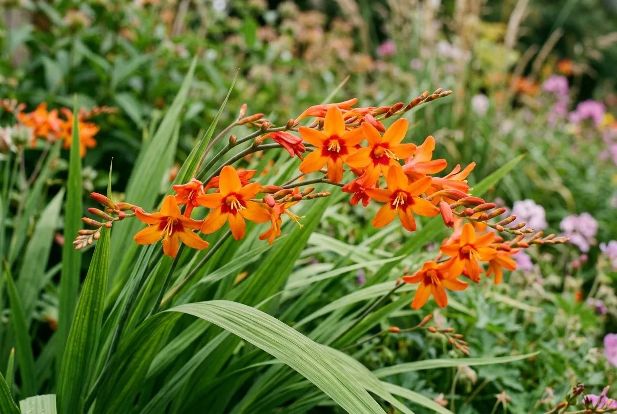 Bright orange Crocosmia Emily McKenzie flowers with red throats arching over green leaves in late summer
