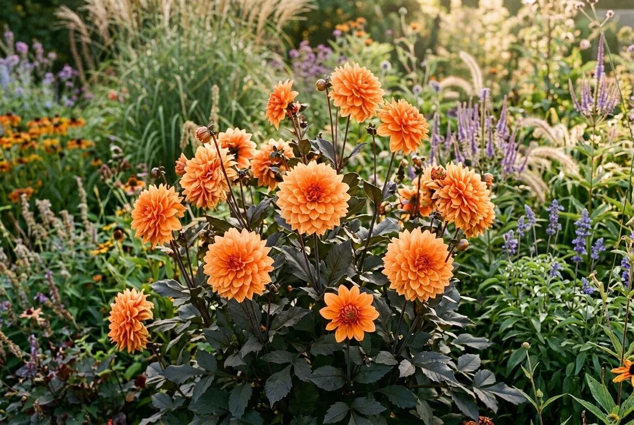 Warm orange double flowers of Dahlia David Howard above dark bronze foliage in a late summer border