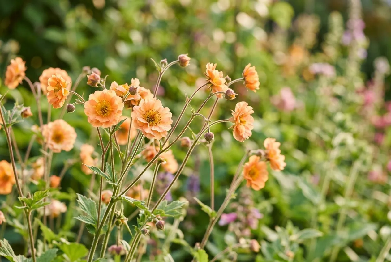 Airy apricot-orange Geum Totally Tangerine flowers waving above foliage in a sunny border