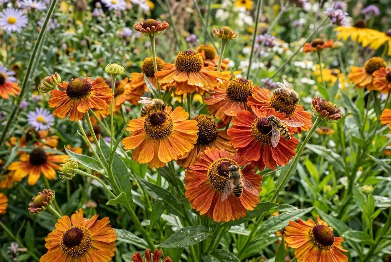 Helenium orange and rust daisies in flower with several bees and hoverflies feeding in late summer