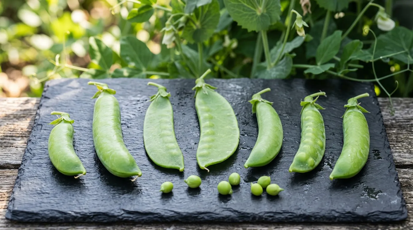 Seven pea types arranged from shelling pods to flat mangetout and rounded sugarsnaps
