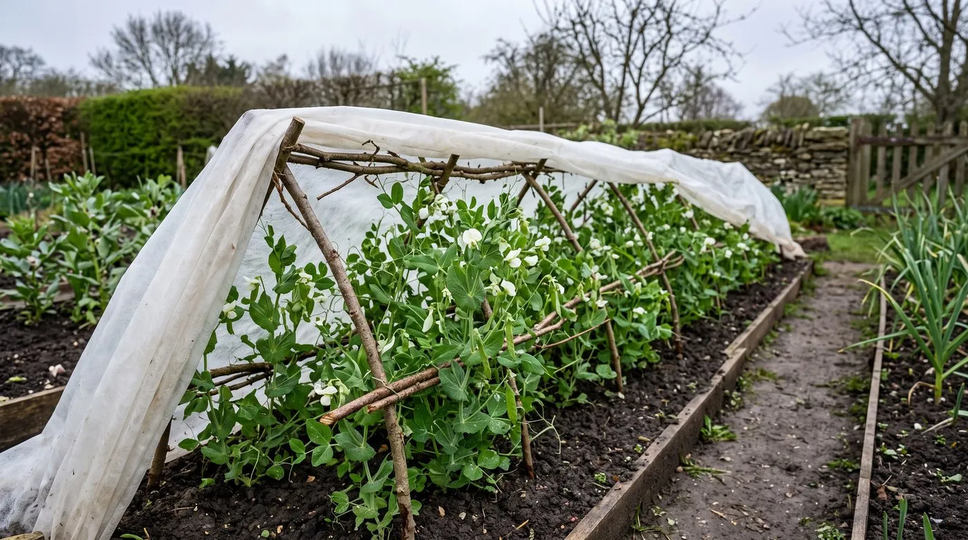 Compact early pea plants protected by fleece beside a low twig support in a British spring garden