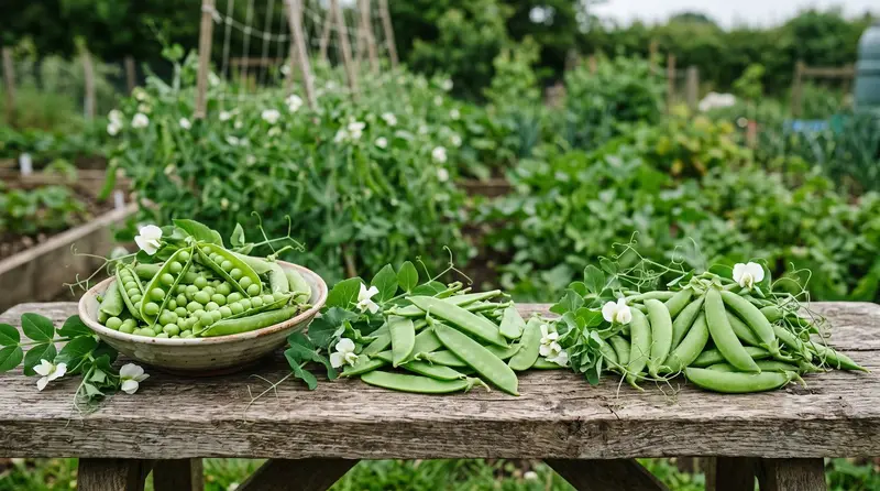 Fresh shelling peas, flat mangetout and plump sugar snap pea varieties beside a British vegetable plot