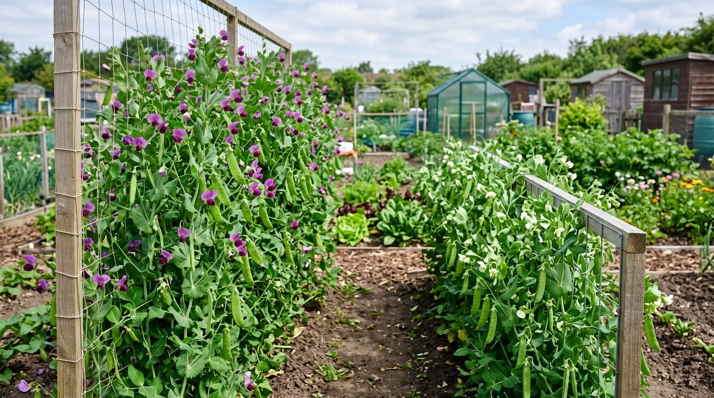 Tall purple-flowered mangetout and shorter green mangetout growing on separate labelled-free supports