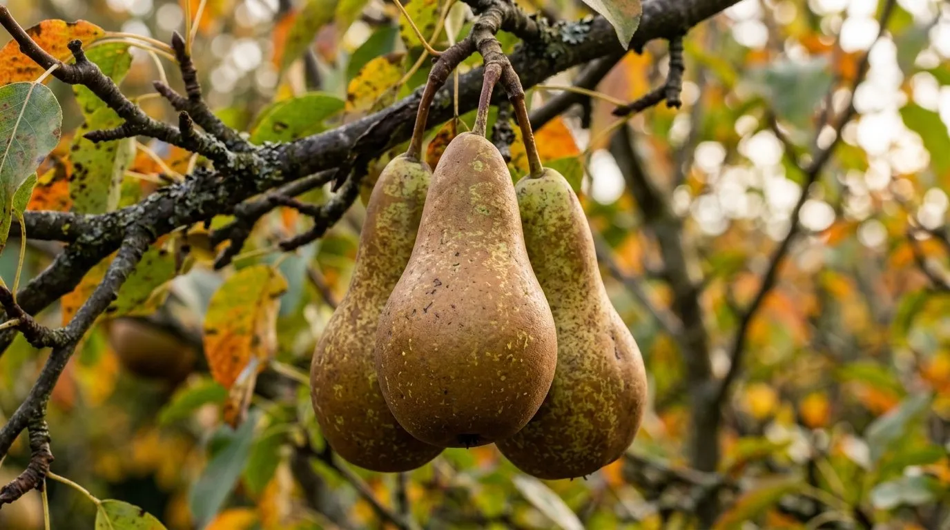 Conference pear cultivar fruits hanging from a UK garden tree branch in autumn