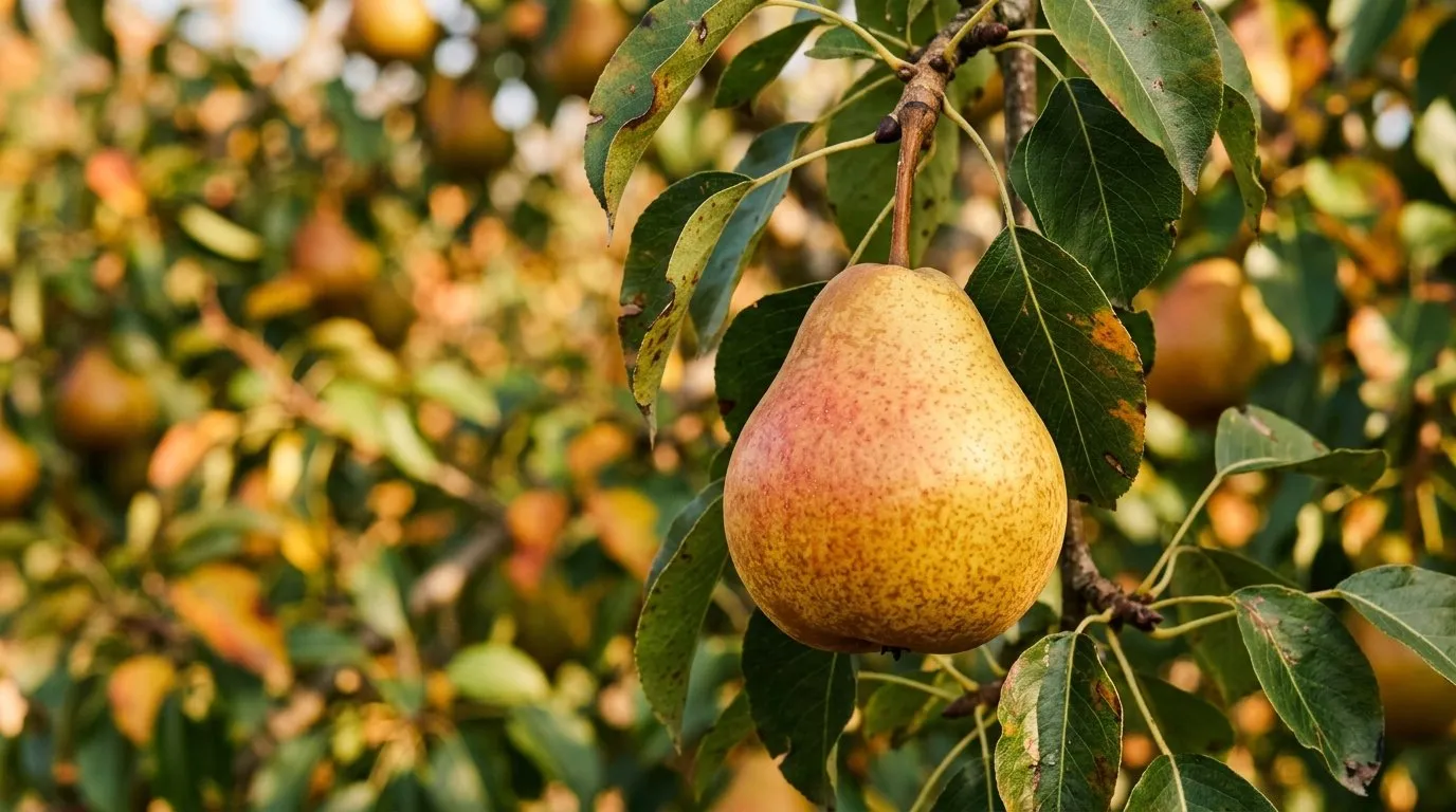 Doyenne du Comice pear cultivar showing the rounded shape and golden-yellow skin with red blush
