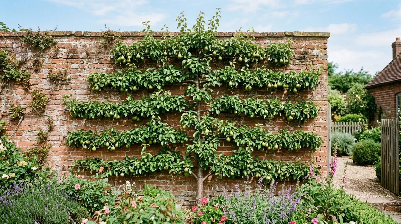 Espalier pear tree against a south-facing brick wall in a UK garden showing horizontal tiers