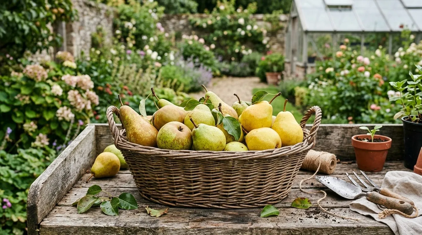 Wicker basket overflowing with freshly-harvested UK pears of multiple varieties on wooden bench
