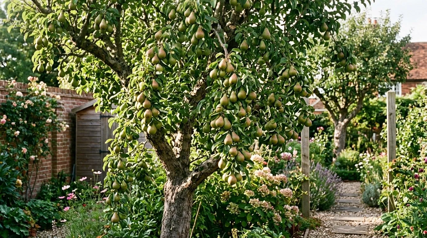 Best UK pear trees varieties heavy with fruit in domestic garden in autumn