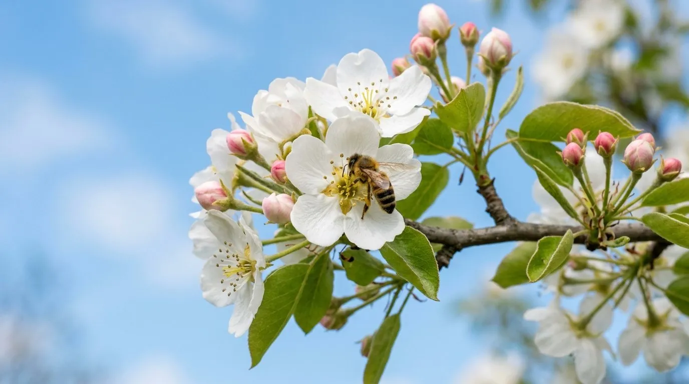 Pear tree blossom in spring with bee pollinating white flowers