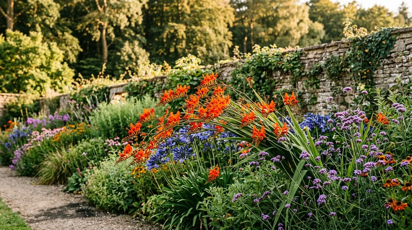 Best perennial plants for UK gardens showing orange crocosmia Lucifer arching over a mixed border with blue agapanthus