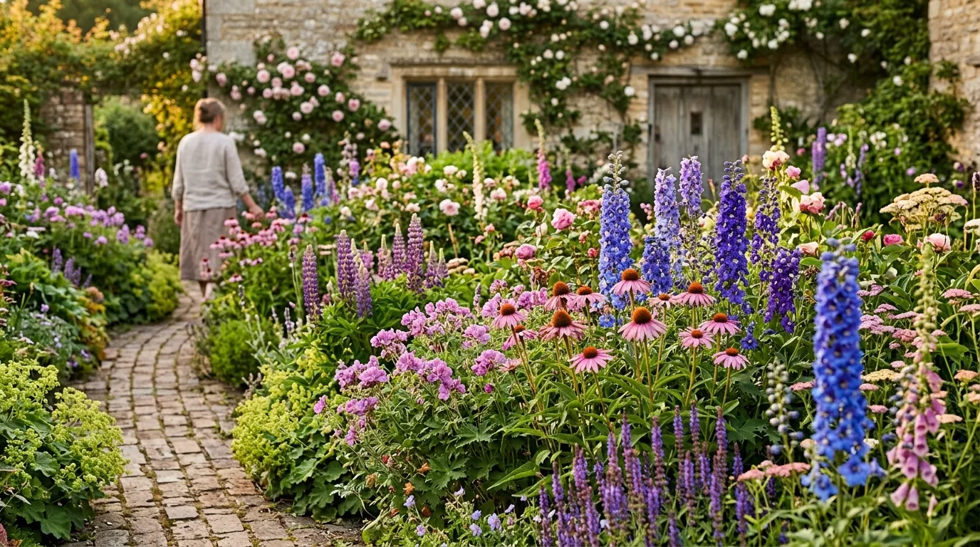 Best perennial plants for UK gardens in a colourful herbaceous border with geraniums, delphiniums, and salvias