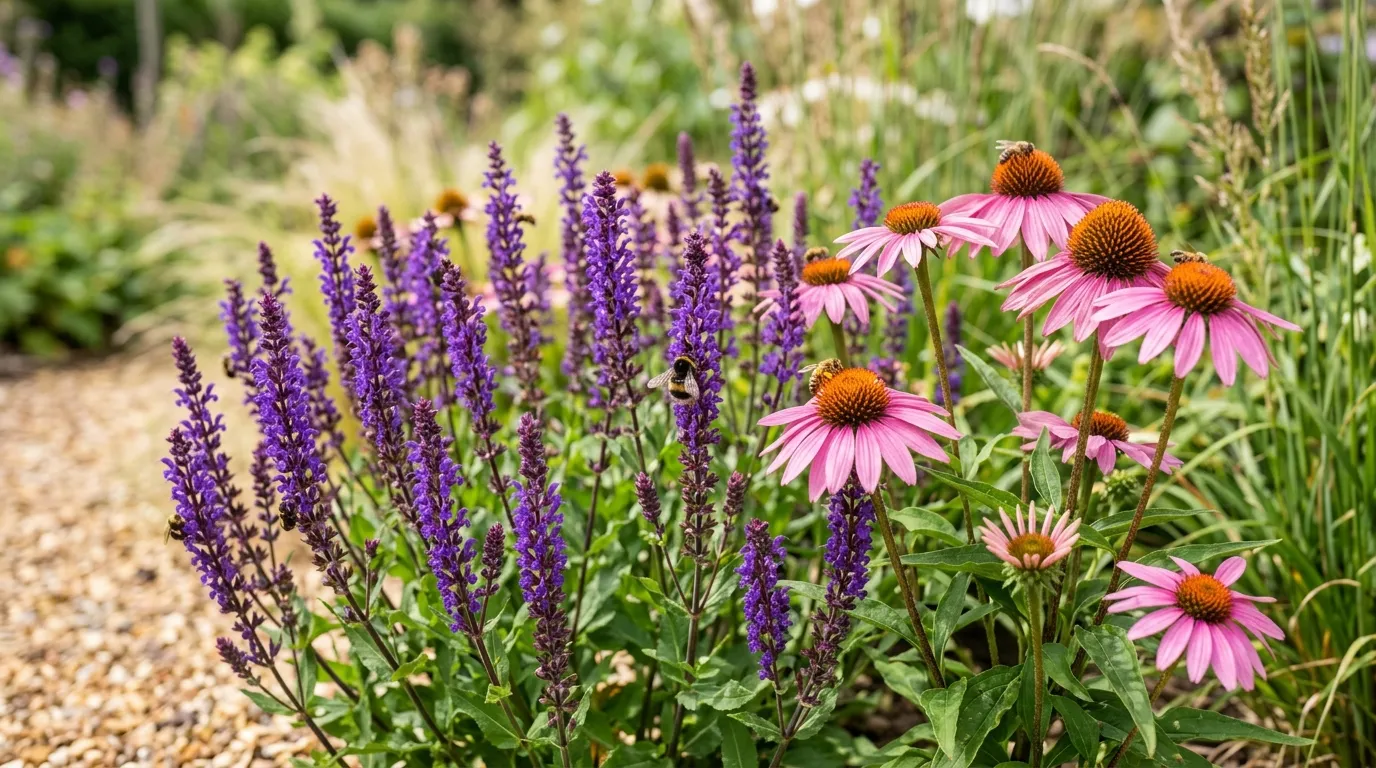 Best perennial plants UK showing purple salvia caradonna spikes and pink echinacea in a sunny British garden border