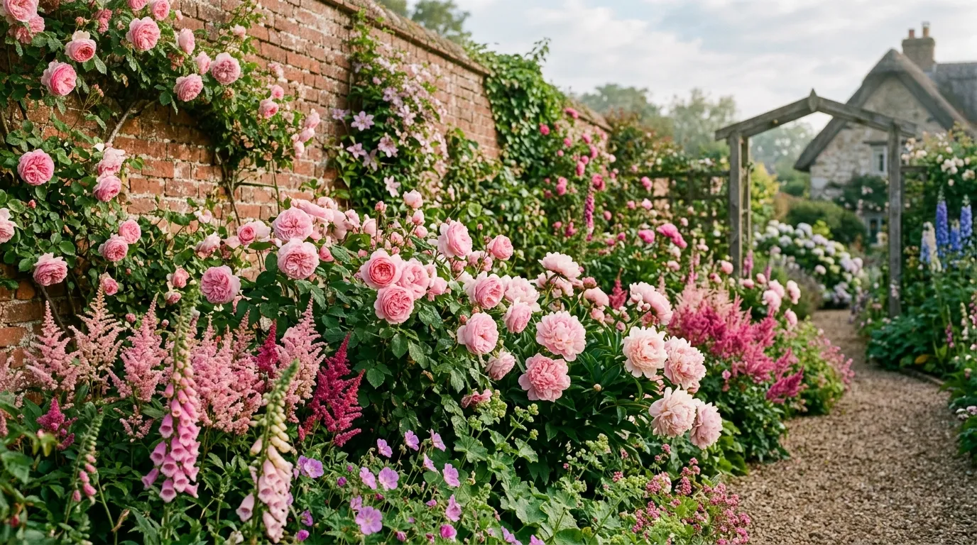Pink flowers UK garden with roses, peonies and astilbe against a brick wall
