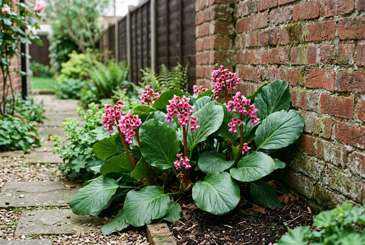 A bold clump of Bergenia with glossy evergreen elephant-ear leaves and pink spring flowers at the foot of a north-facing wall in a terraced garden