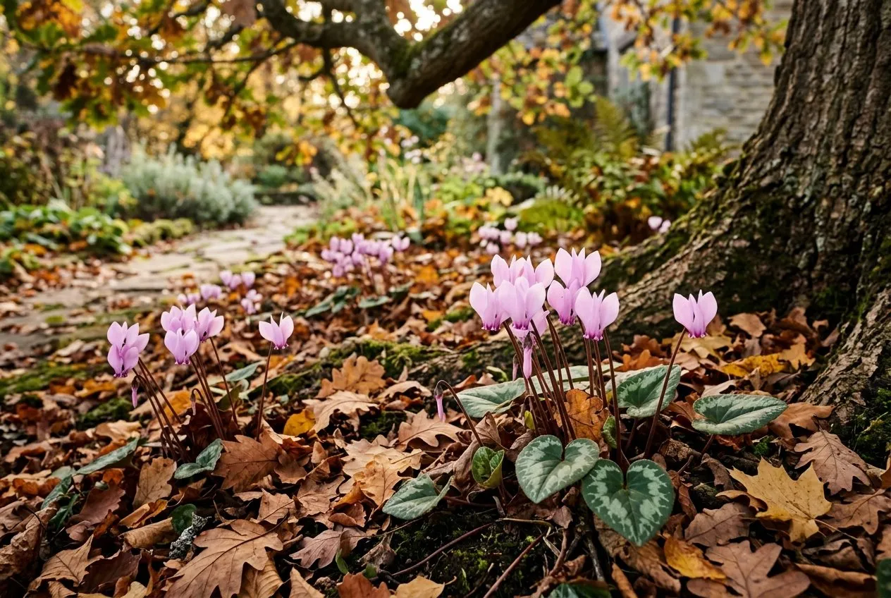 Pink Cyclamen hederifolium flowering through fallen leaves beneath a mature tree in autumn in a cottage garden