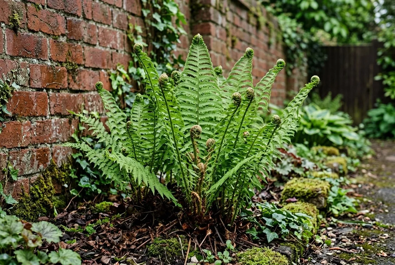 A vigorous male fern (Dryopteris filix-mas) with fresh green fronds thriving at the foot of a shaded north-facing brick wall in a suburban garden