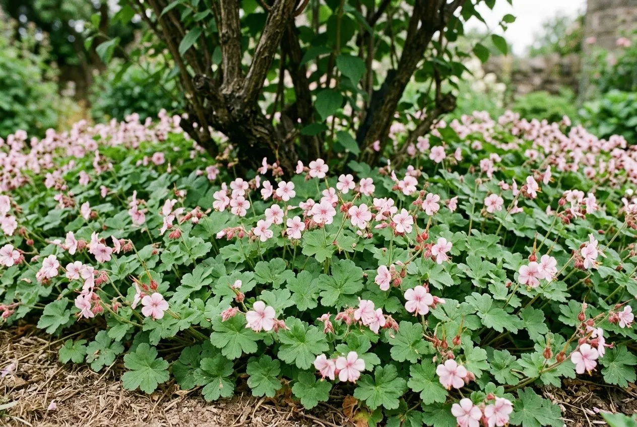 A dense carpet of Geranium macrorrhizum in flower covering dry ground beneath a cottage garden shrub in the West Midlands
