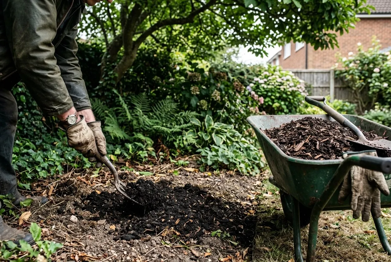 A gardener forking well-rotted garden compost into a dry shaded border before planting, with a mulch barrow alongside in a suburban garden