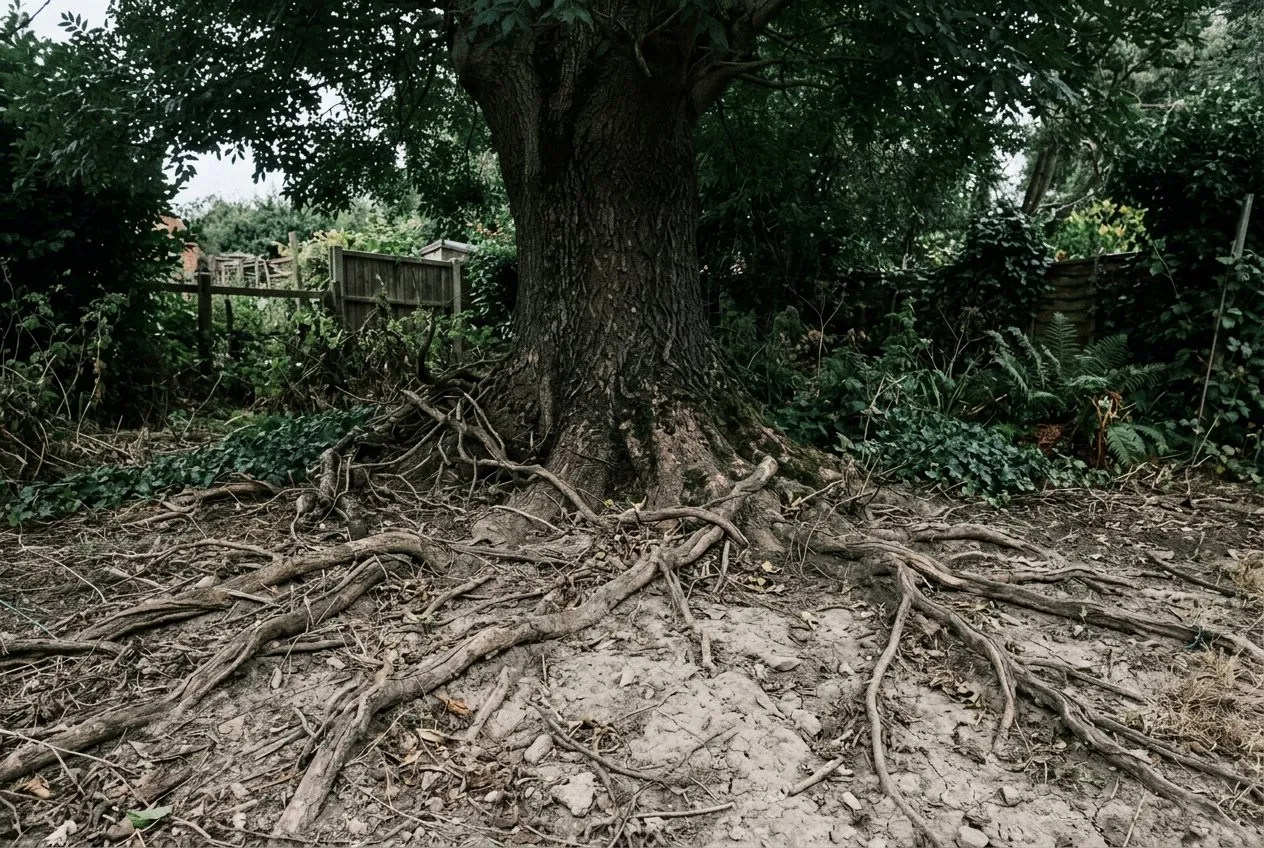 A mature ash tree casting deep shade over a dry root-filled border in a Staffordshire garden, the soil cracked and pale beneath the canopy