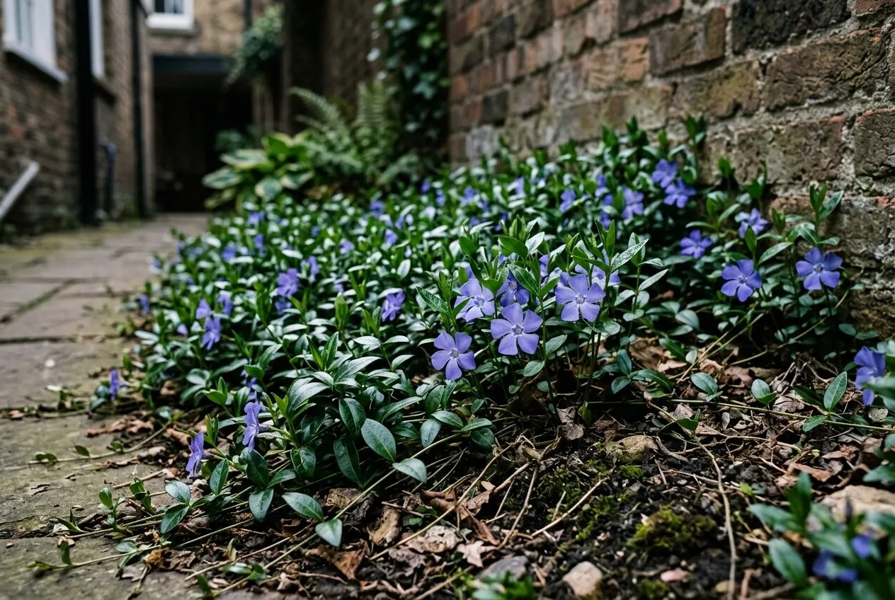Vinca periwinkle ground cover with blue-violet flowers trailing across dry shaded soil in a city courtyard